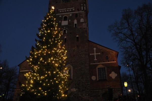 En stor julgran utanför en kyrka.