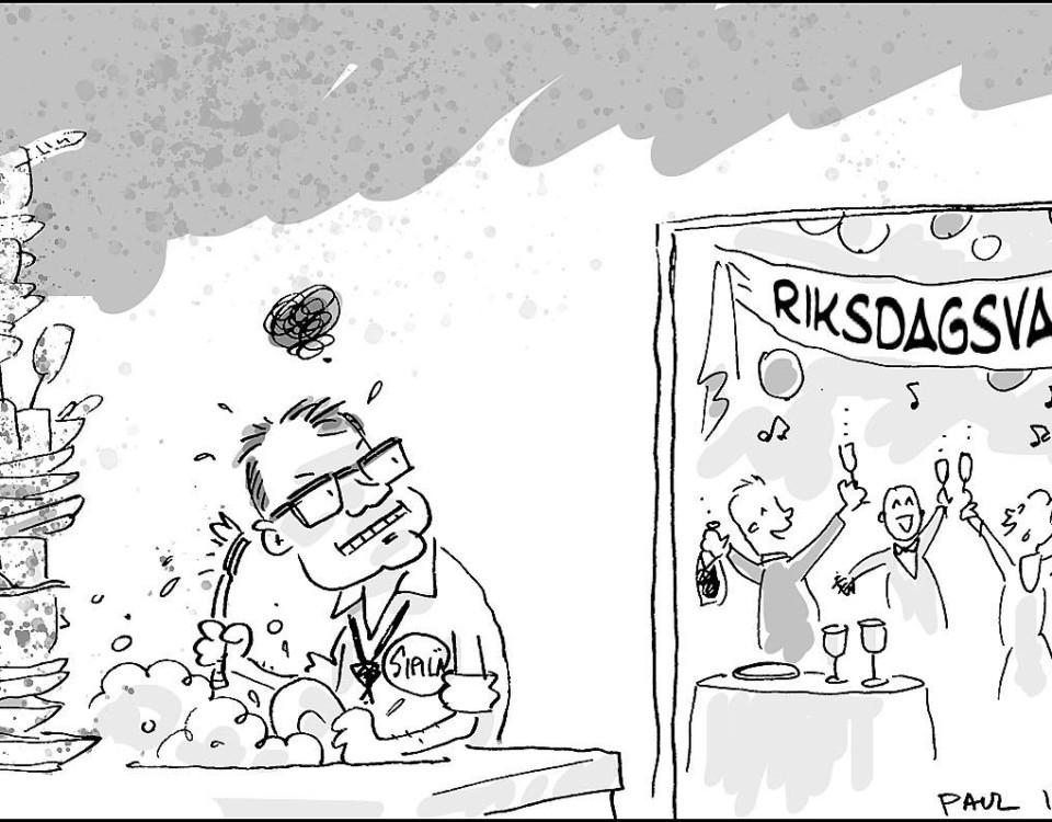 En karikatyr av Juha Sipilä som står i köket och diskar när alla andra festar efter riksdagsvalet 2019.