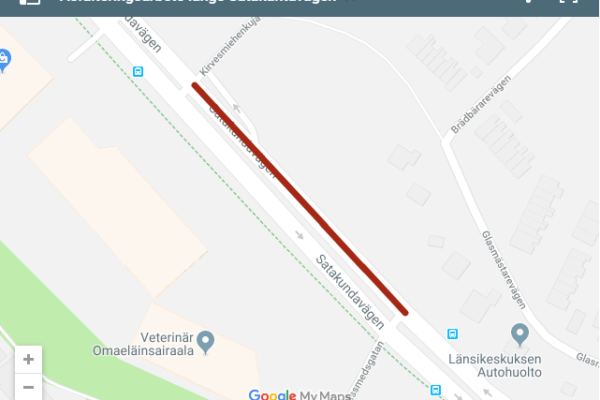 Karta över Satakuntavägen med det berörda området markerat