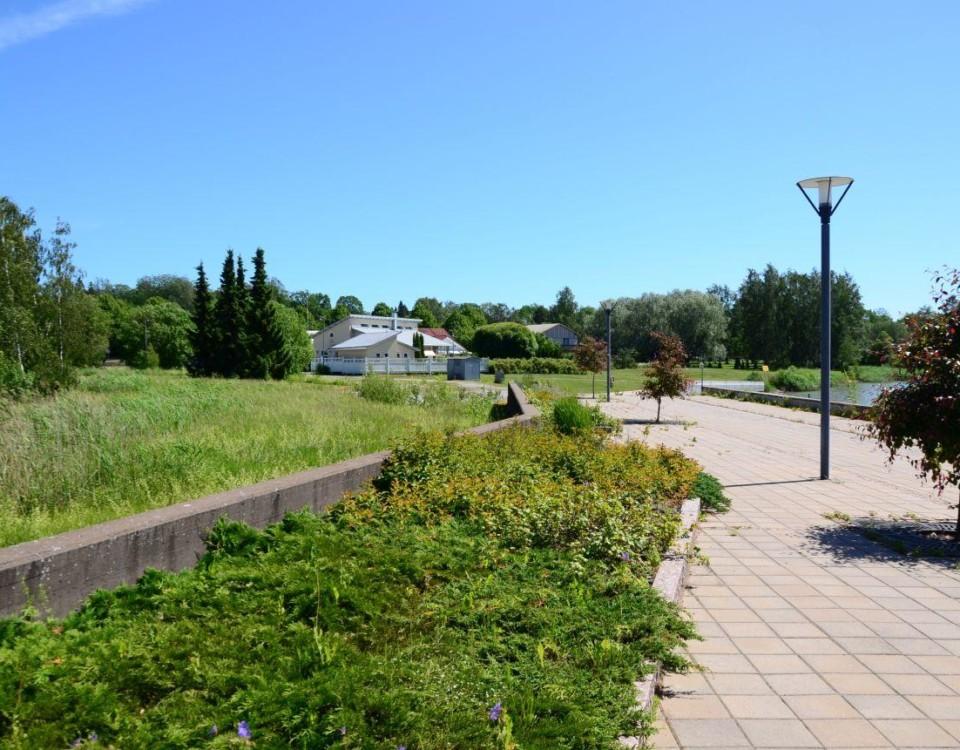 strandpromenad och vildvuxet gräs intill Kyrksundet i Pargas