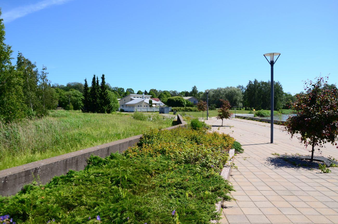 strandpromenad och vildvuxet gräs intill Kyrksundet i Pargas