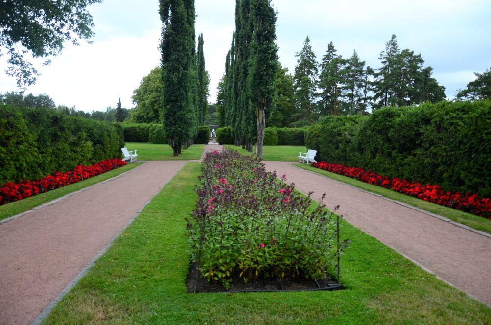 Trädgård med röda blommor.