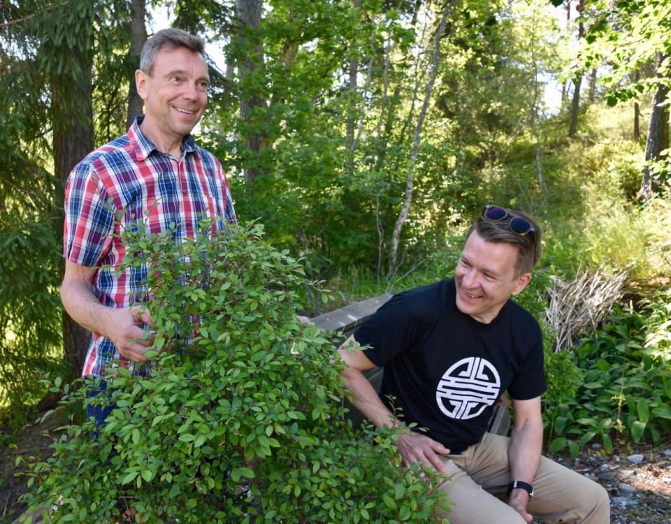 Två män sitter i en grönskande trädgård