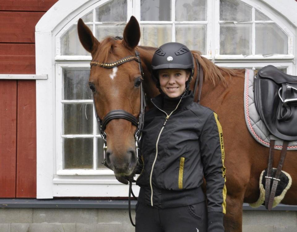 Häst och en ryttare som står på marken