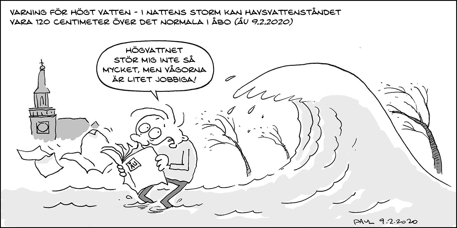 tecknad seriestrip om storm och högt vatten