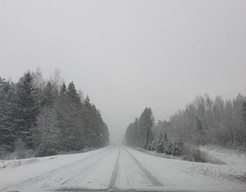 landsväg med snö och skog runtomkring,