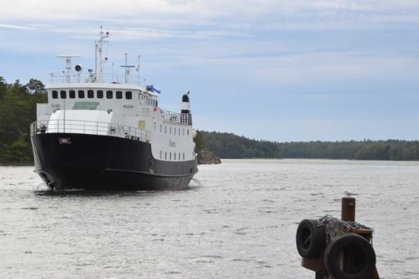 M/S Östern på väg mot Själö och en tärna som sitter på en påle i havet.