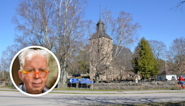 ett bildcolllage med en man och en kyrka