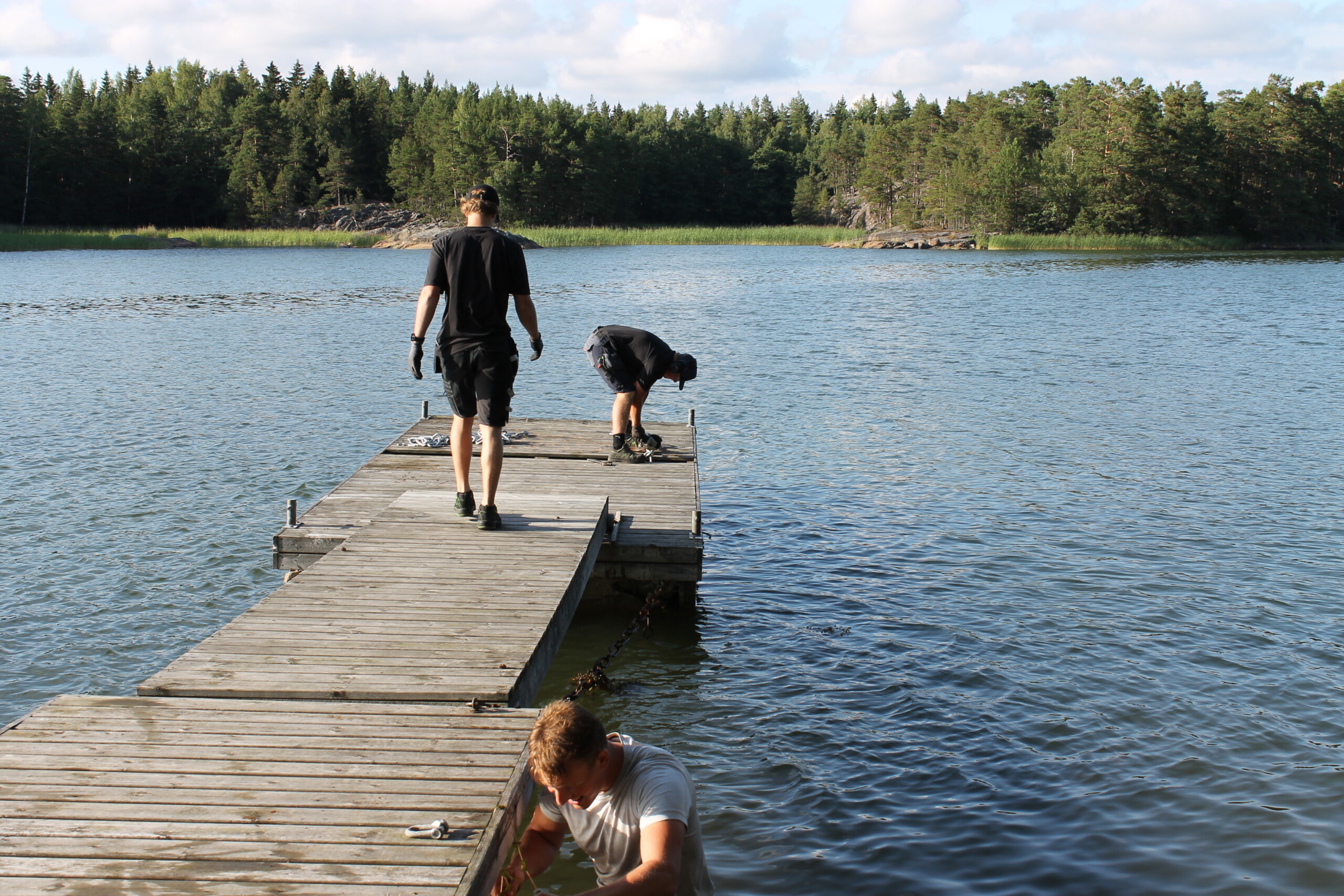 Tre unga män arbetar på en brygga i skärgården. En av männen står i vattnet och arbetar med bryggans kättingar.