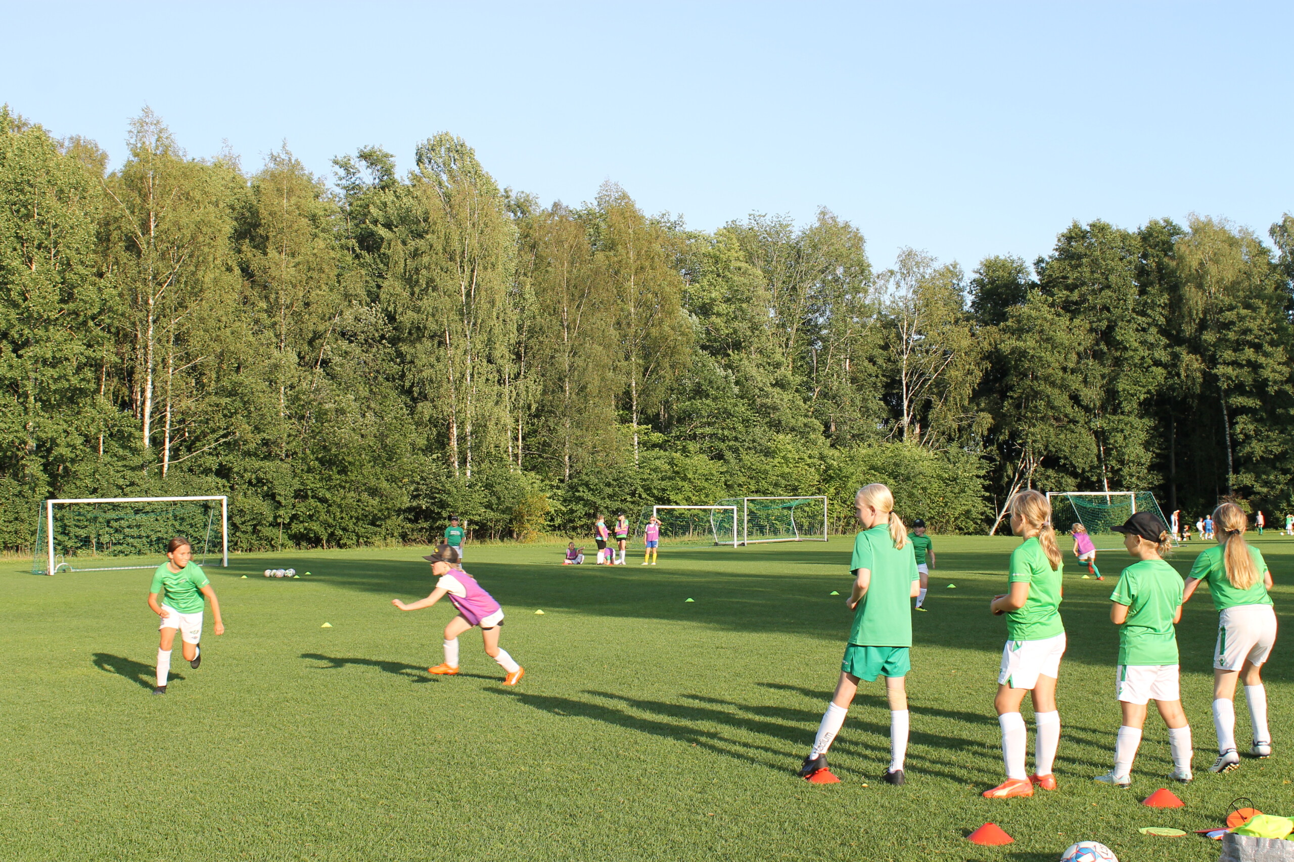 EIF:s fotbollslag för flickor födda 2012 och 2013 håller en fotbollsträning på en gräsplan i Ekenäs.